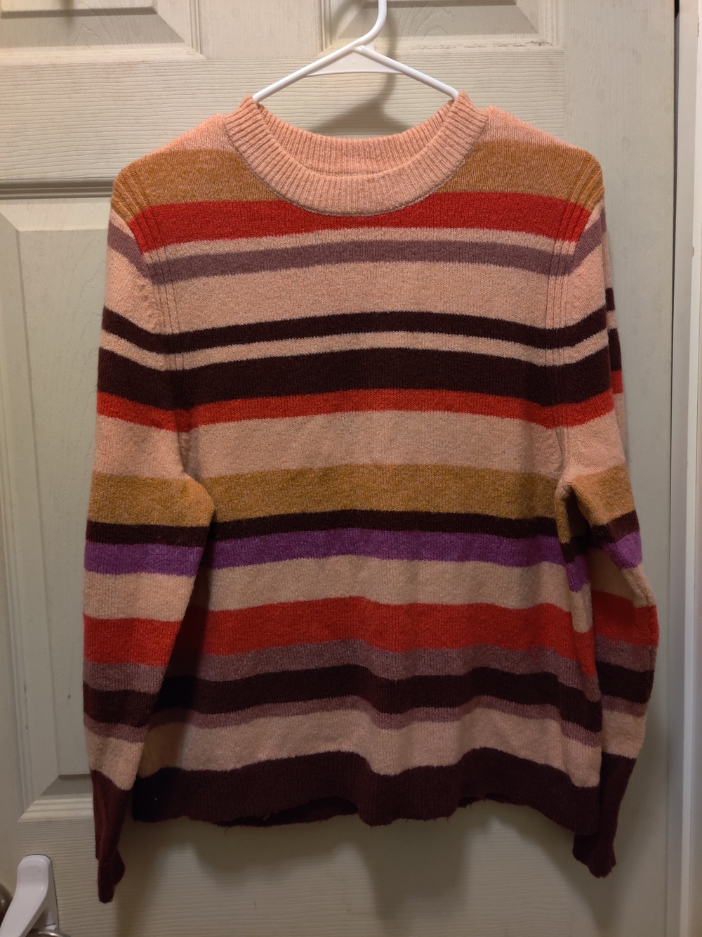 a new day Striped Crewneck Sweater in Pink, Red, Purple, Brown, Gold